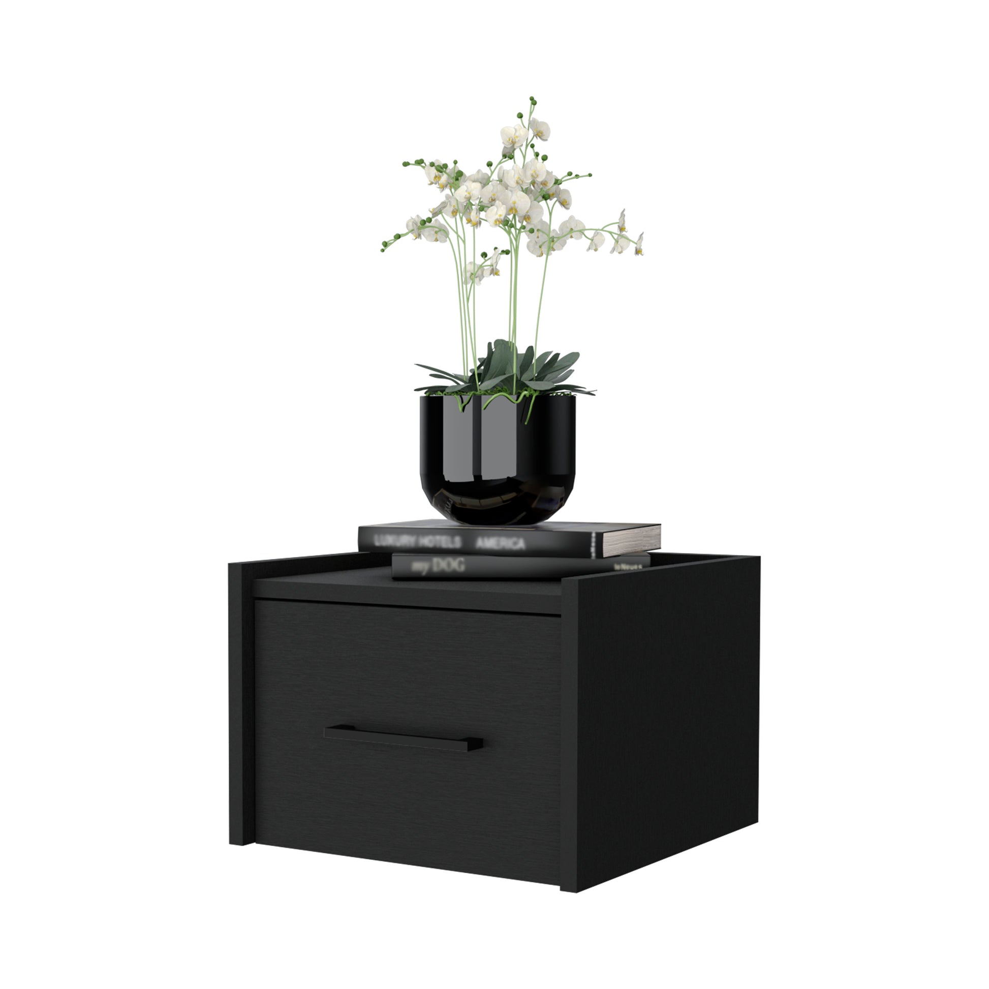 Black wood nightstand with a single drawer and modern black handle topped with books and an orchid plant