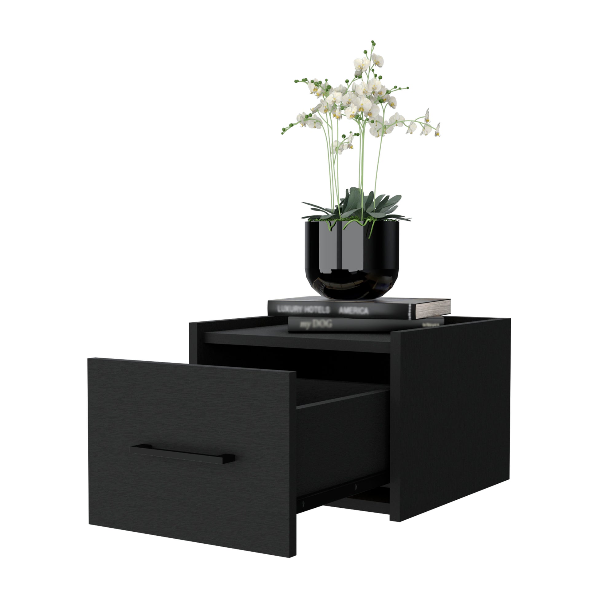 Modern black floating nightstand with open drawer and decorative orchid planter