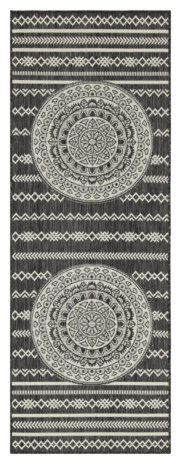 Black and white tribal medallion outdoor rug with geometric borders