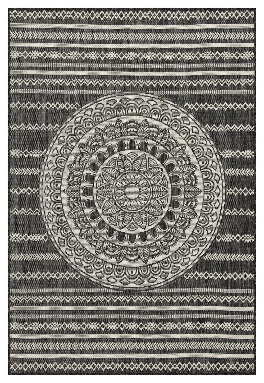 Black and white mandala pattern outdoor rug with geometric borders