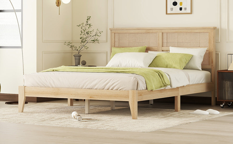 Light wood cane headboard queen bed with green and white bedding