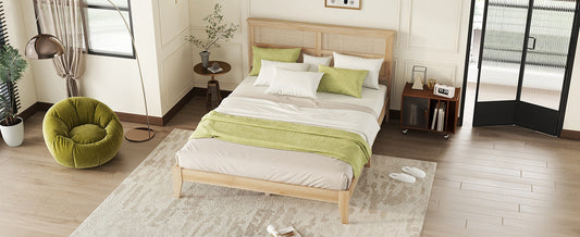 Wooden bed frame with rattan headboard