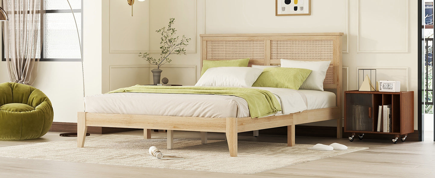 Light oak wood bed frame with woven rattan headboard and green bedding