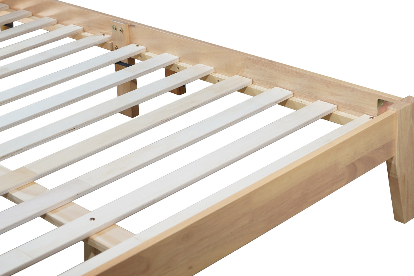 Natural wood bed frame with slatted base detail