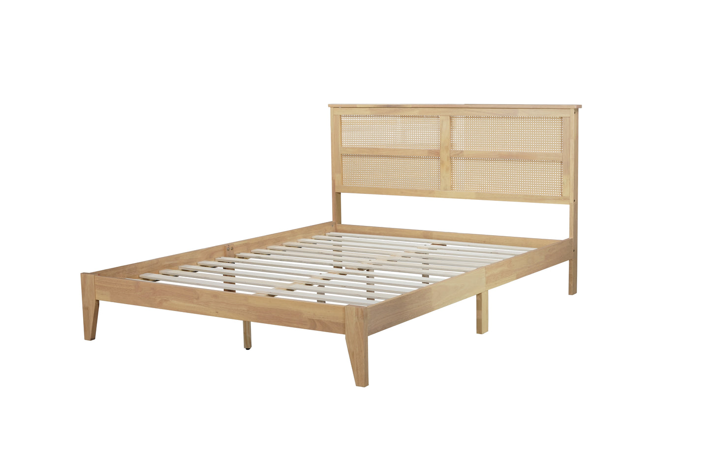 Light oak wood platform bed with woven cane headboard and slatted support
