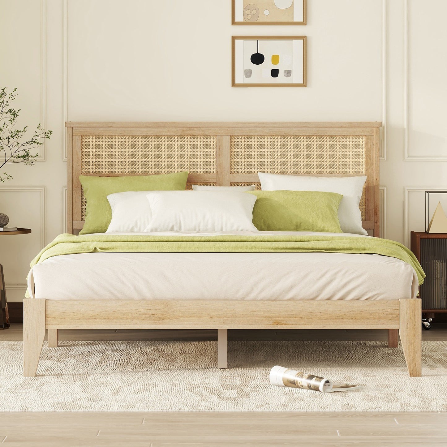 Wooden bed frame with natural cane headboard and green bedding modern minimalist style