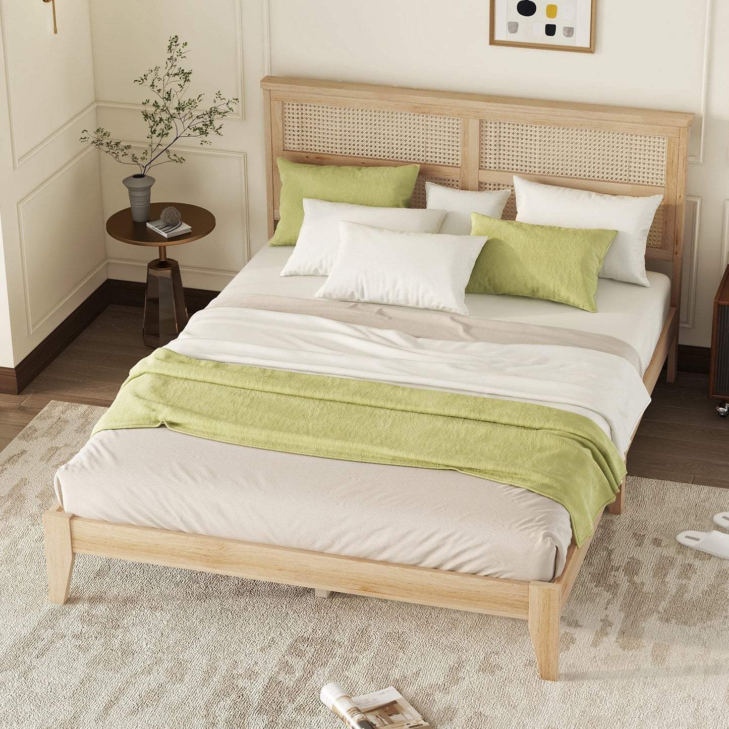 Wooden bed frame with cane headboard and lime green throw