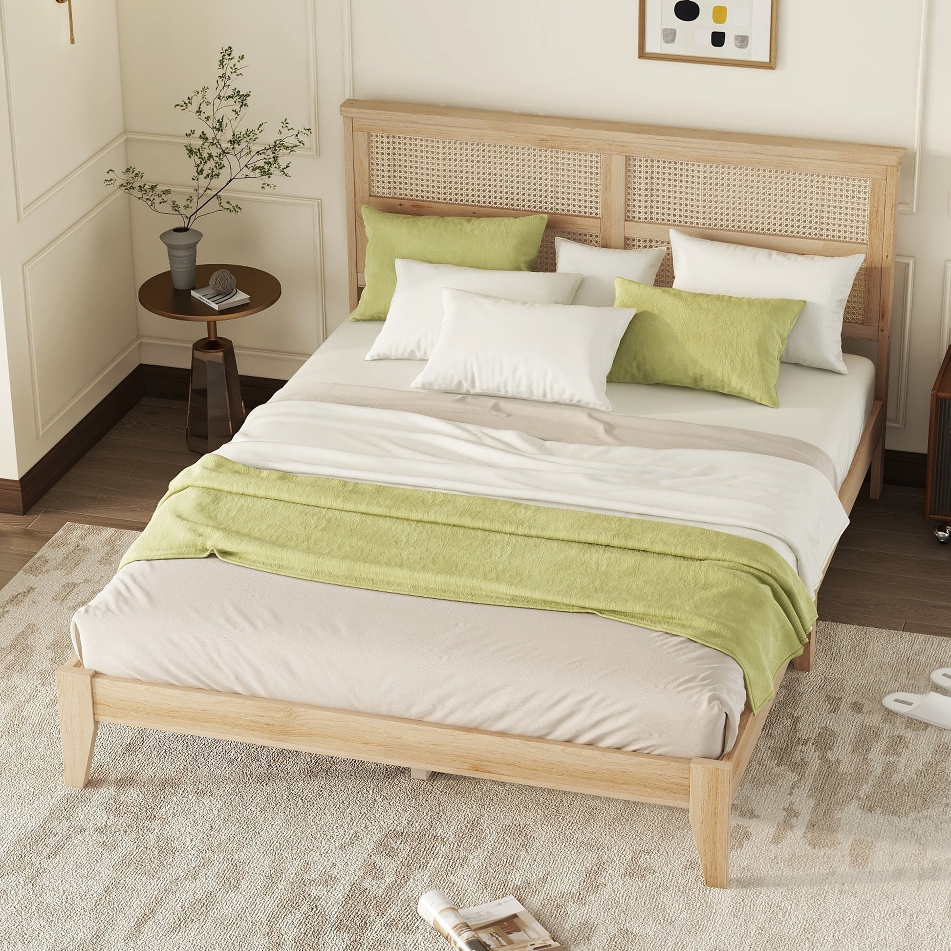 Wooden bed frame with cane headboard and lime green throw