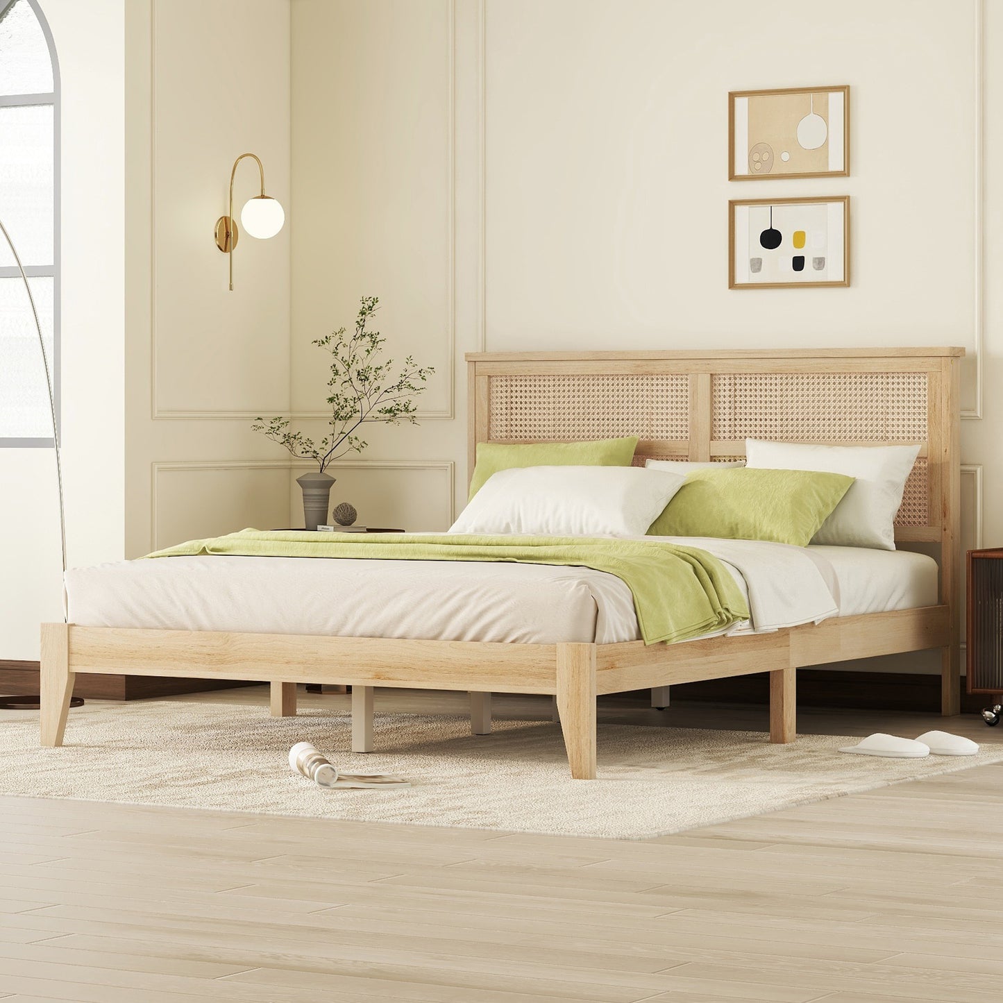 Natural wood platform bed with woven cane headboard