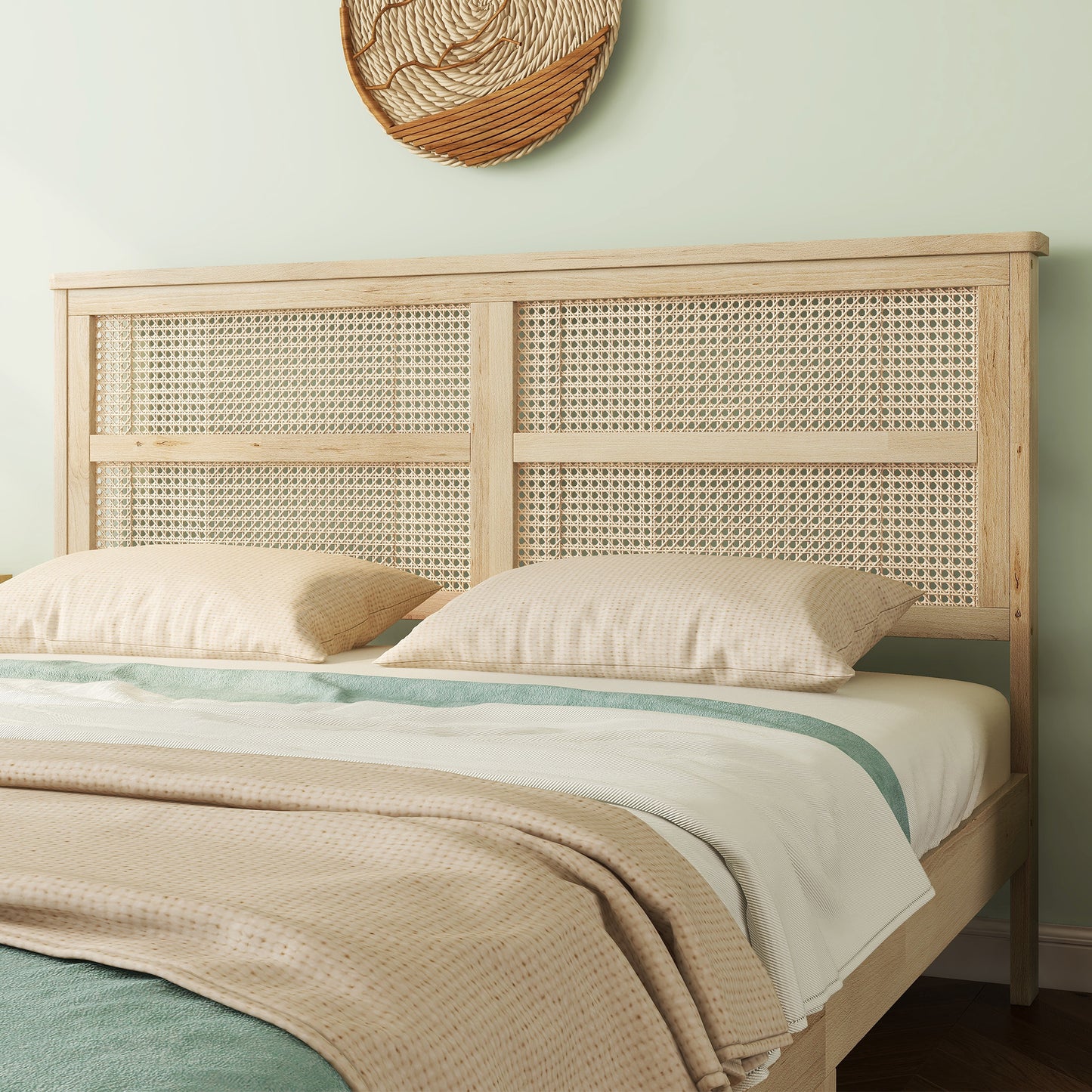 Natural light oak bed frame with woven rattan headboard detail