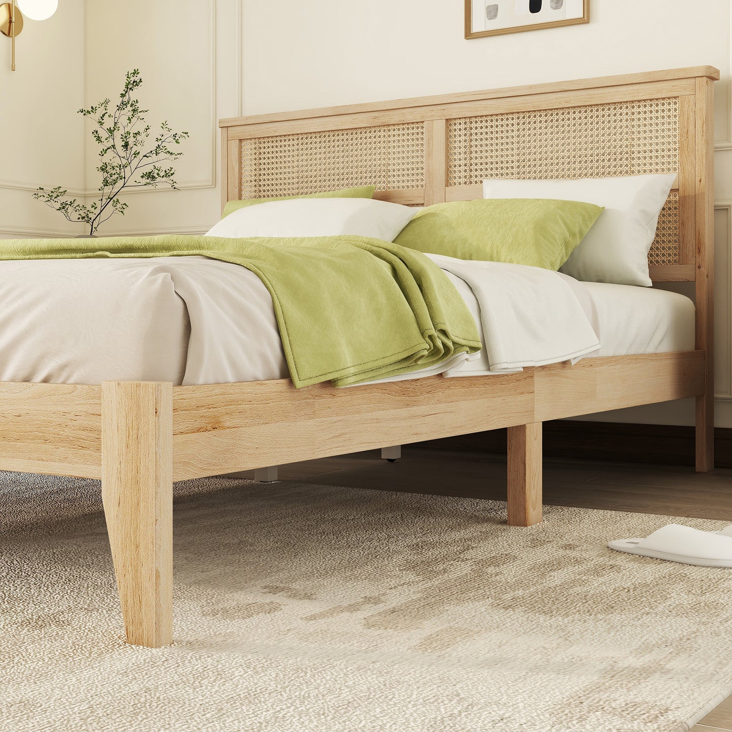Natural wood platform bed frame with woven rattan headboard and green accents