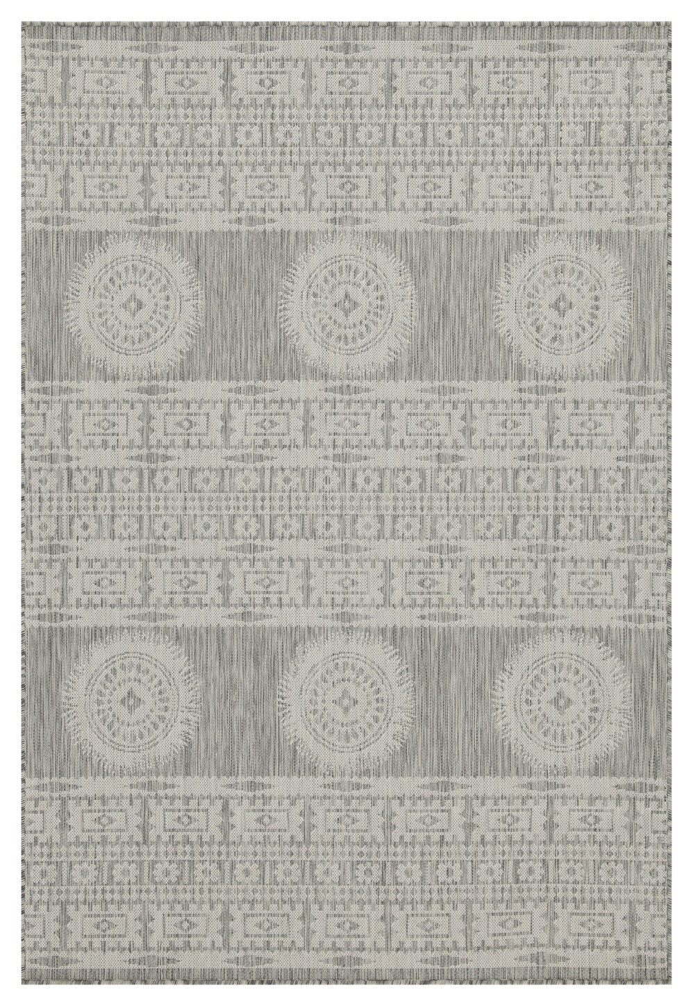 Grey tribal pattern indoor outdoor rug with circular medallions