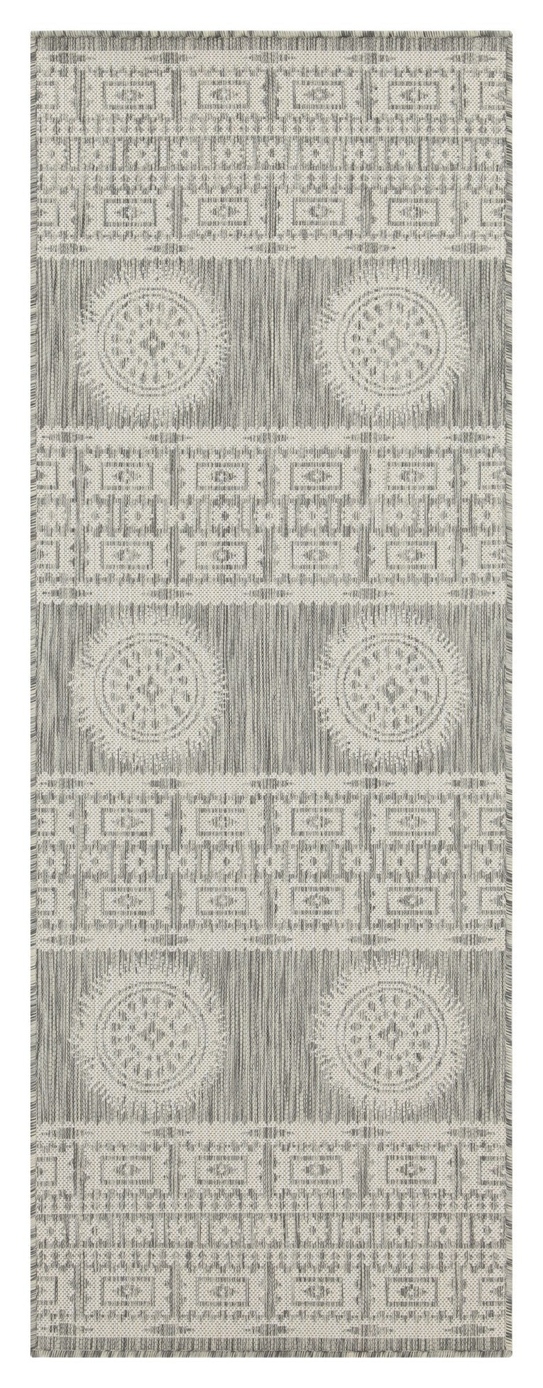 Gray and white woven rug with geometric medallions and tribal patterns