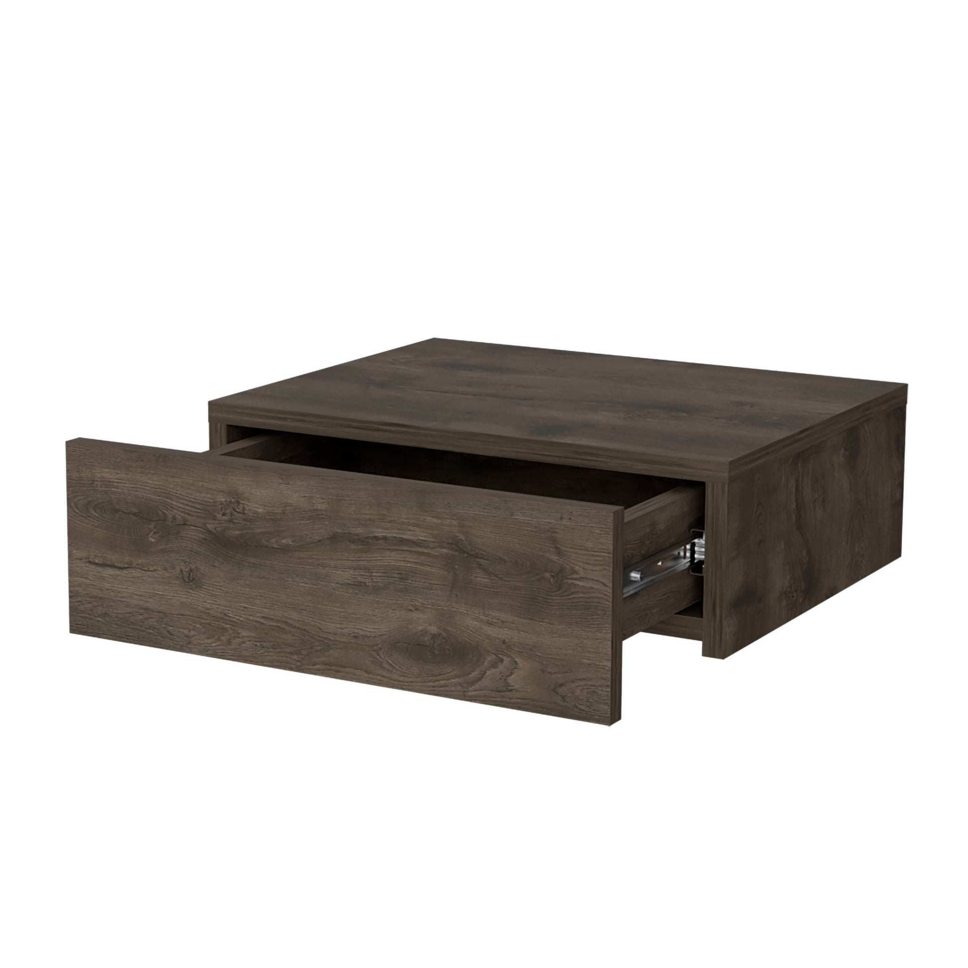 Dark wood finish floating nightstand with one open drawer showing metal slides