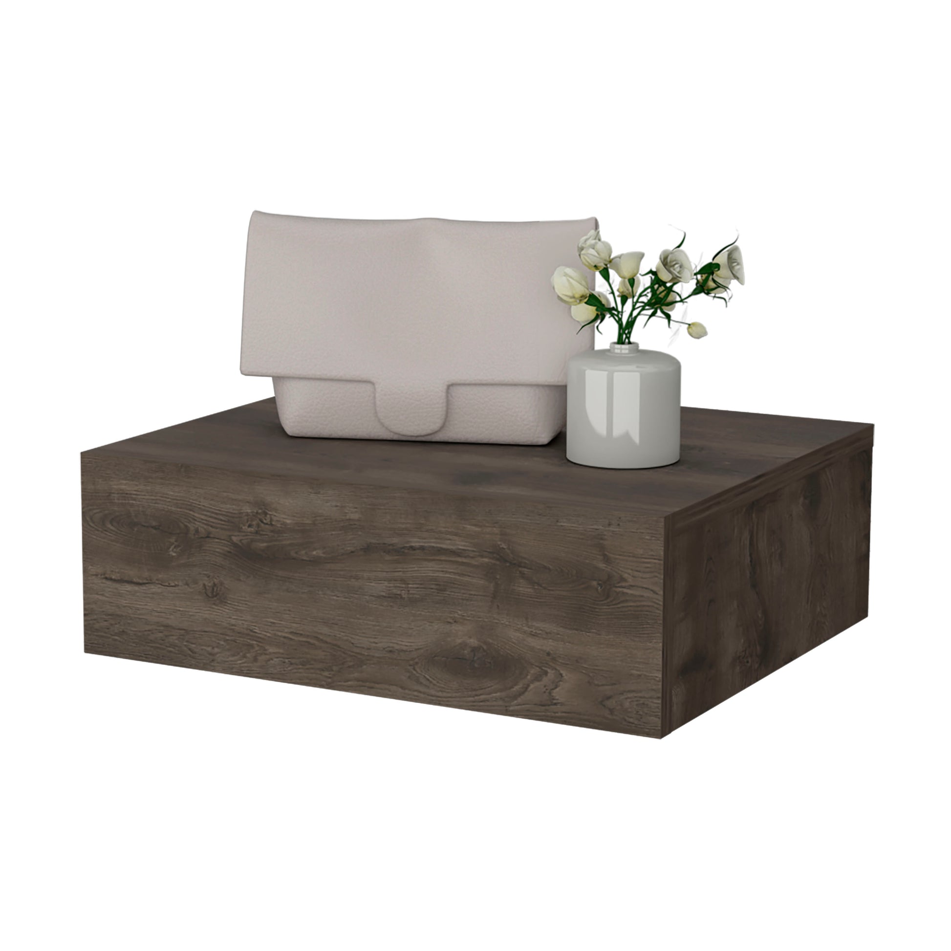 Dark wood floating shelf with textured light grey decorative box and white vase
