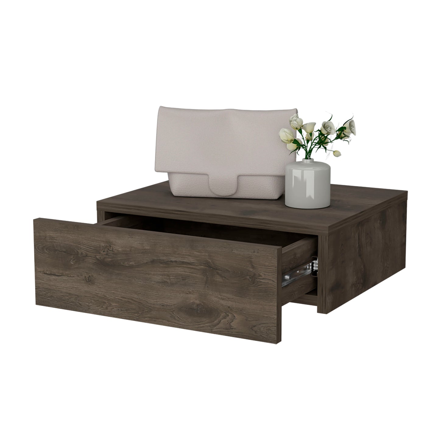 Floating nightstand with dark wood finish open drawer and decorative items