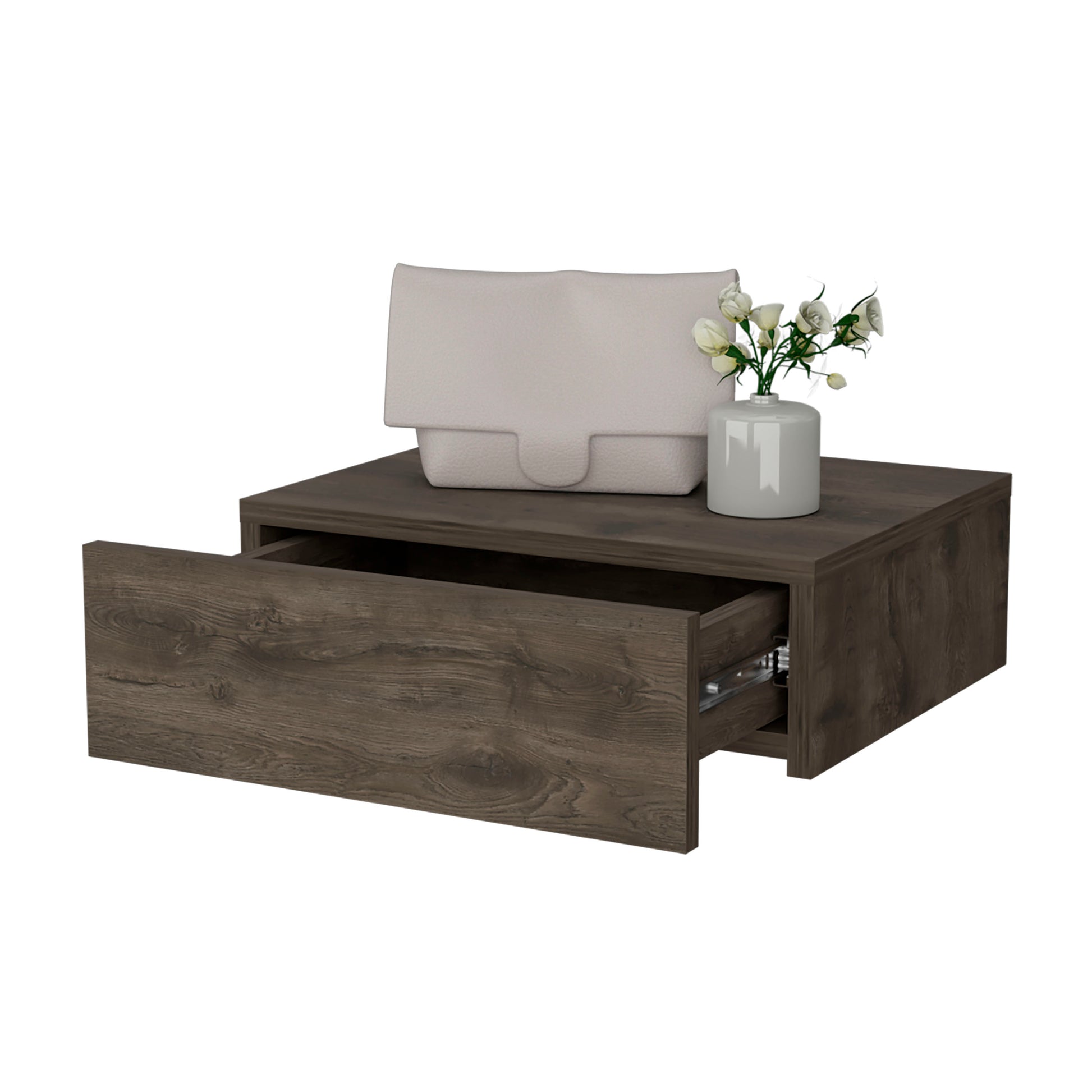 Floating nightstand with dark wood finish open drawer and decorative items