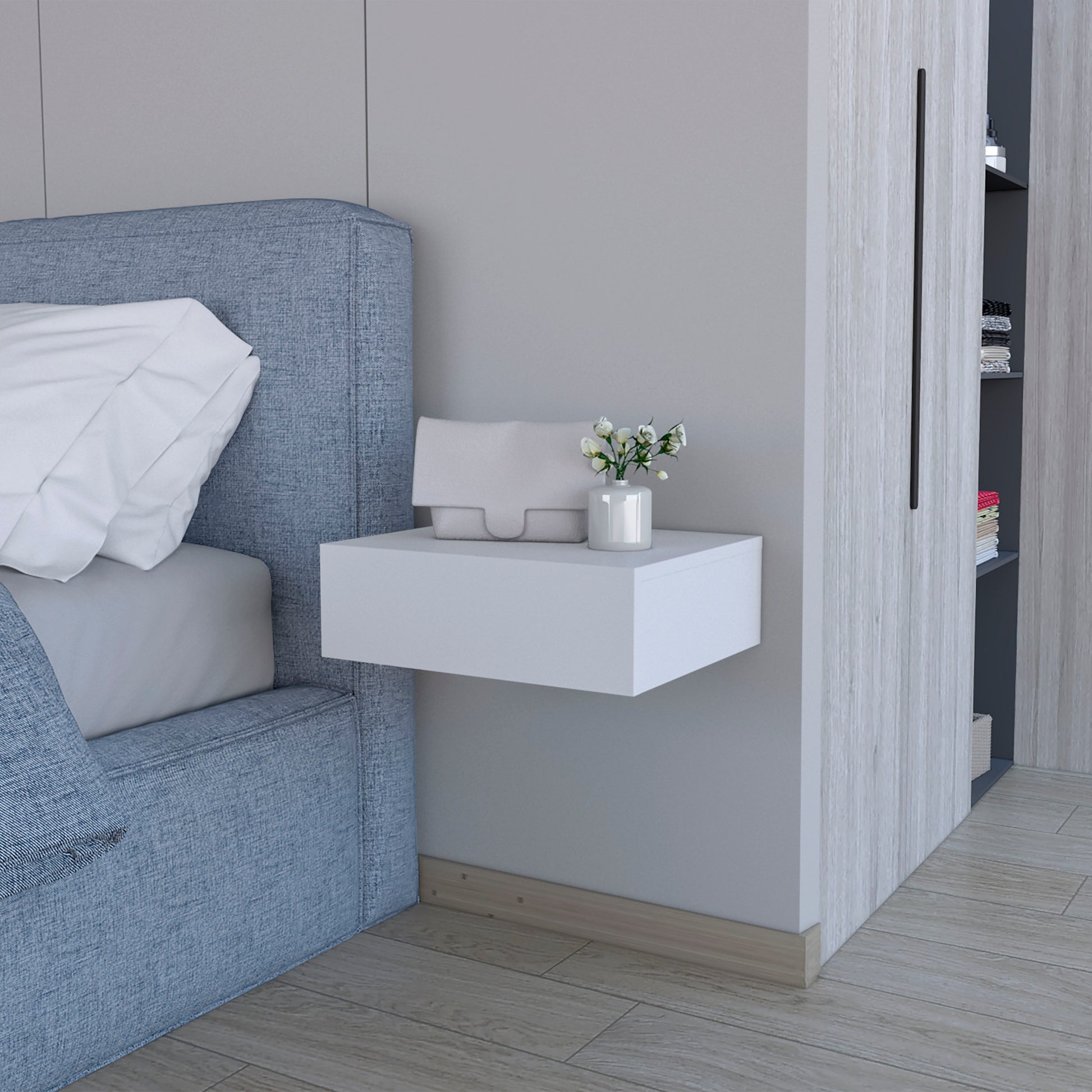 Minimalist white floating nightstand with concealed drawer for bedroom storage