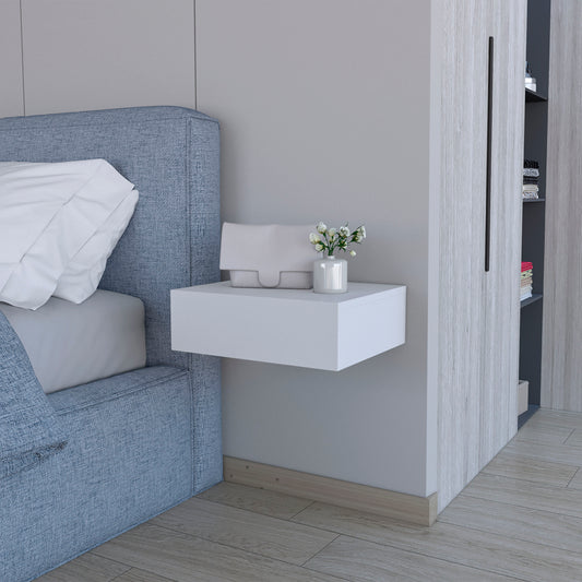 Minimalist white floating nightstand with concealed drawer for bedroom storage