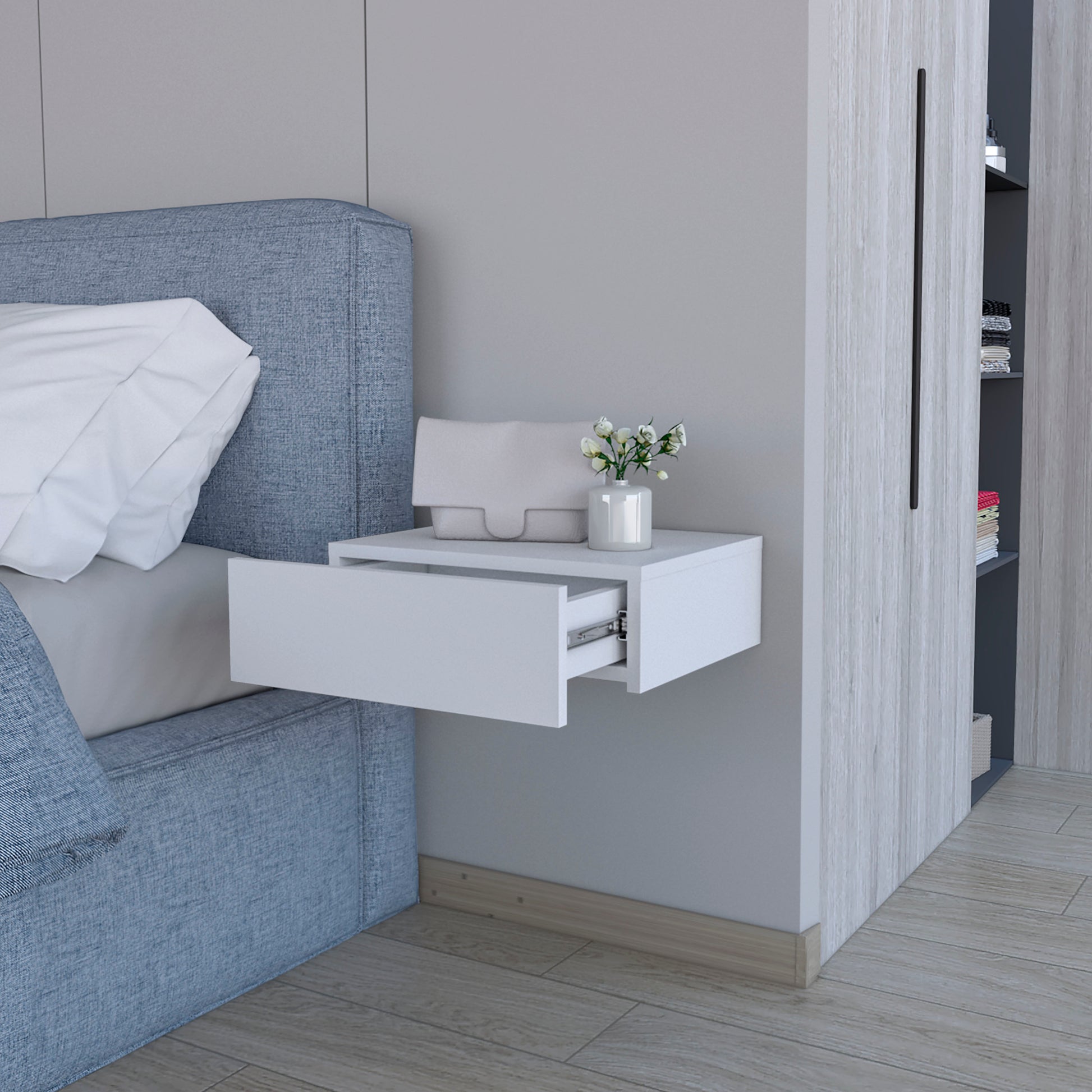 White floating shelf with open drawer ideal for bedside storage and minimalist decor