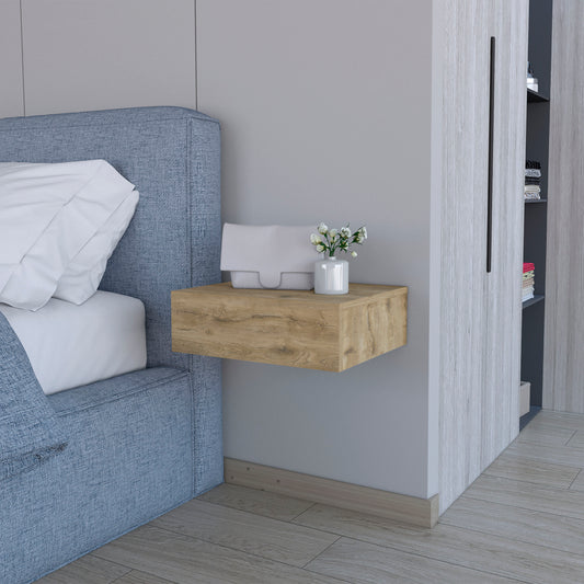 Wall mounted floating shelf with natural wood finish ideal for modern bedroom decor