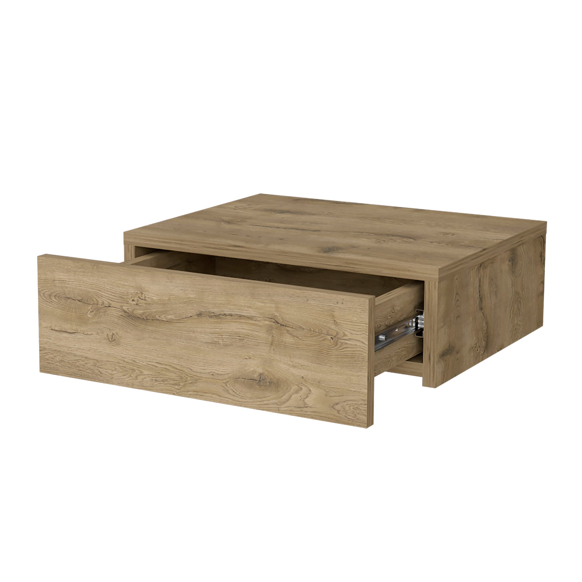 Wooden side table with one open drawer and visible metal drawer slides