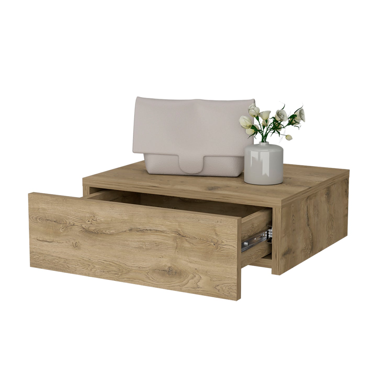 Rustic oak floating nightstand with open drawer and modern decor
