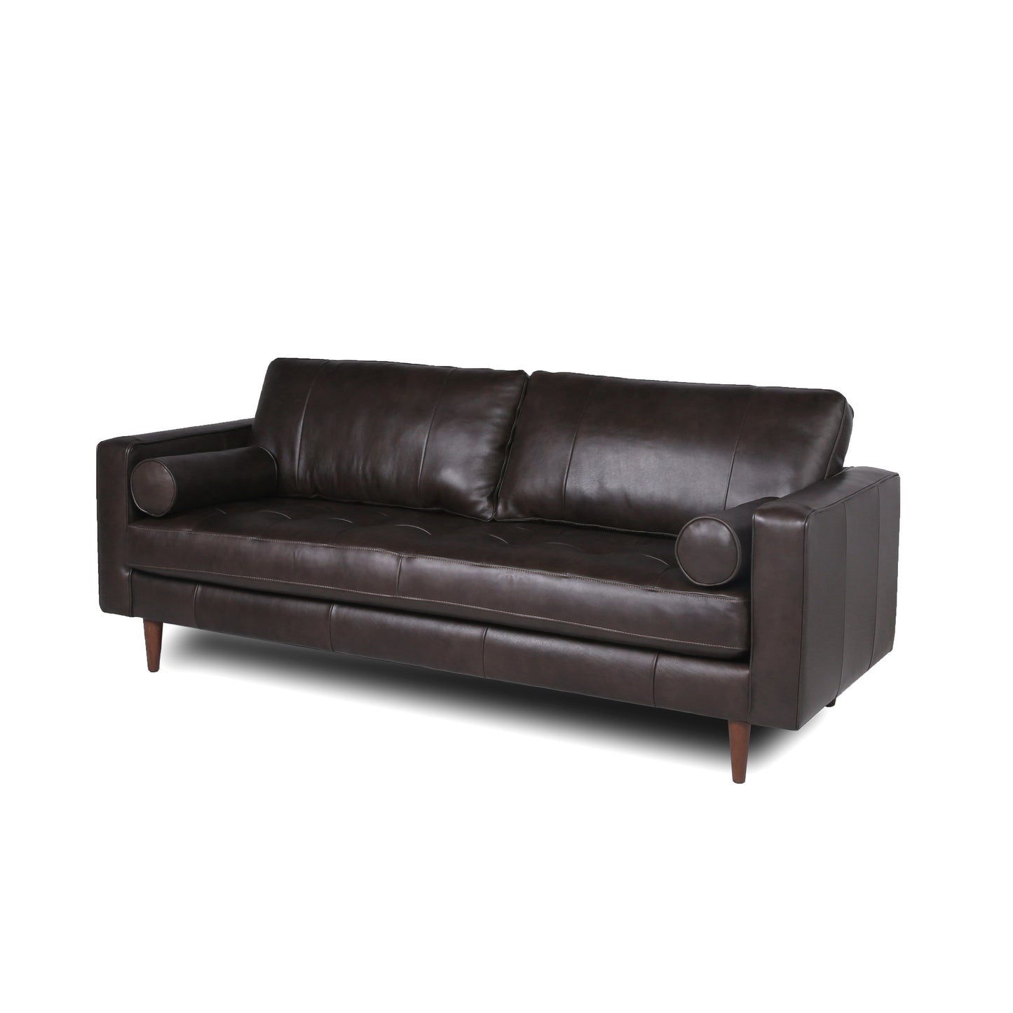 Dark brown leather threeseater sofa with tufted cushions and wooden legs