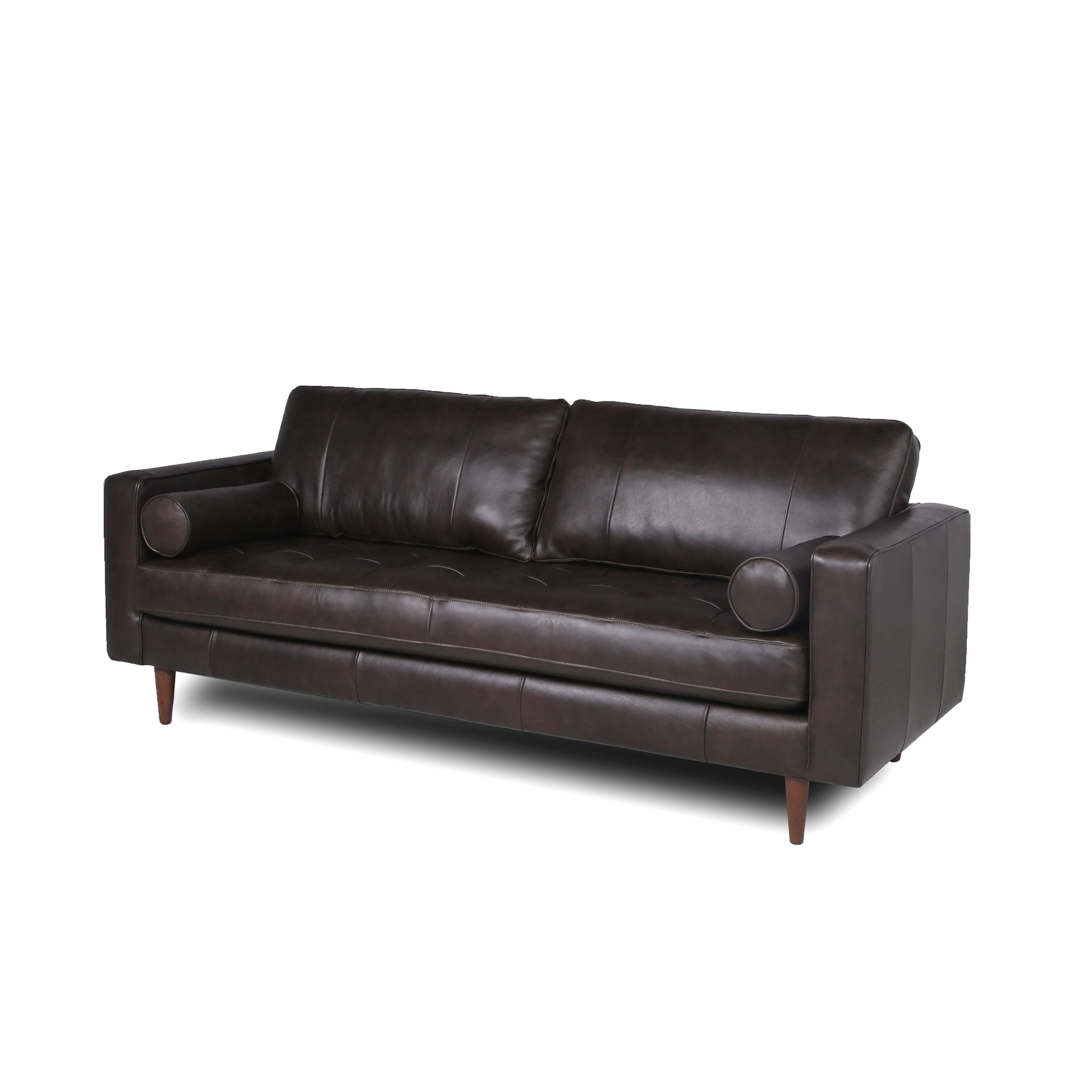 Dark brown leather threeseater sofa with tufted cushions and wooden legs