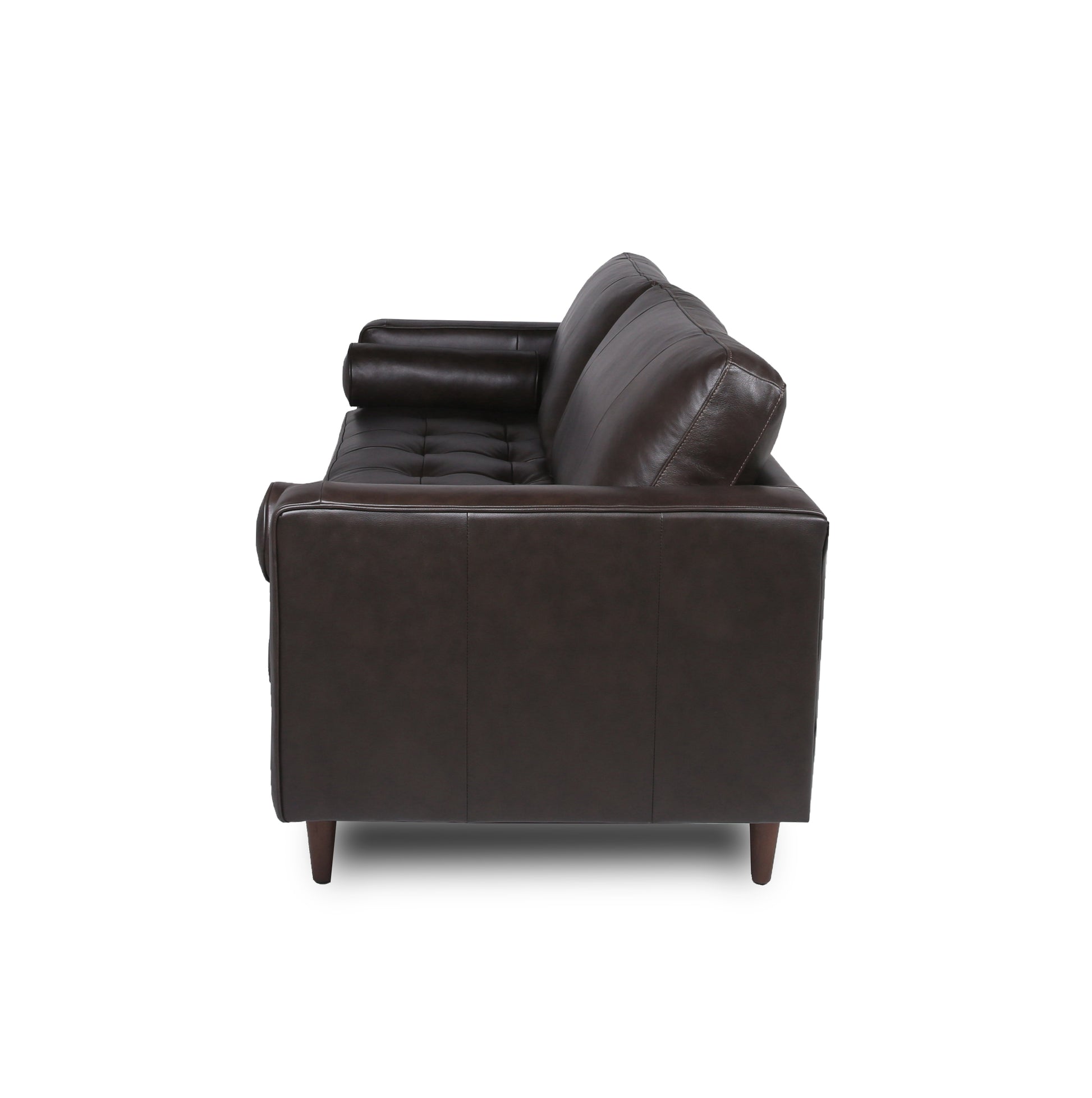 Side view of a dark brown tufted leather sofa with rolled arms and wooden legs