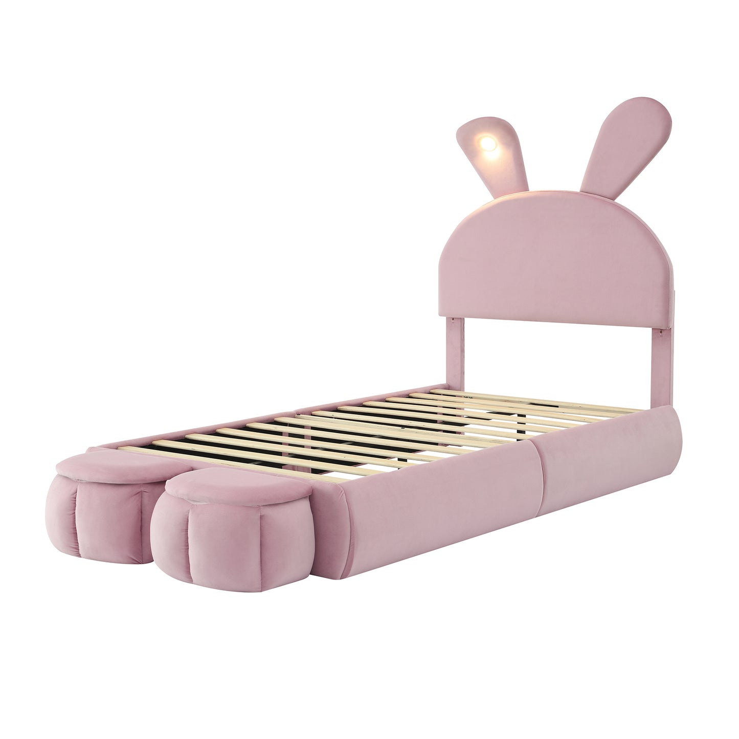 Pink velvet twin bed with bunny ears headboard and integrated lights