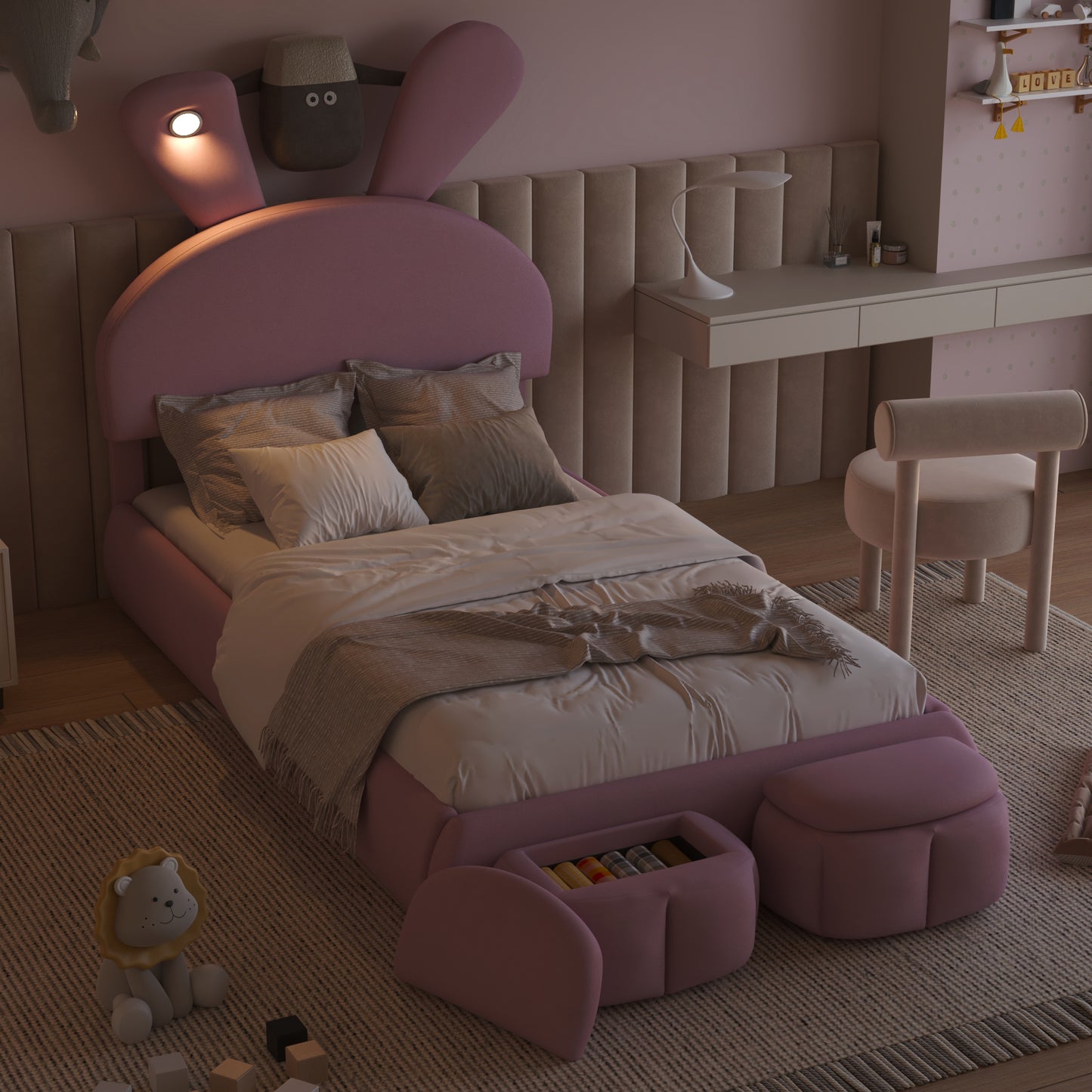Pink upholstered kids bed with rabbit ear headboard and builtin storage
