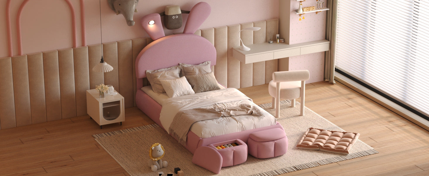 Pink upholstered rabbitshaped kids bed with storage