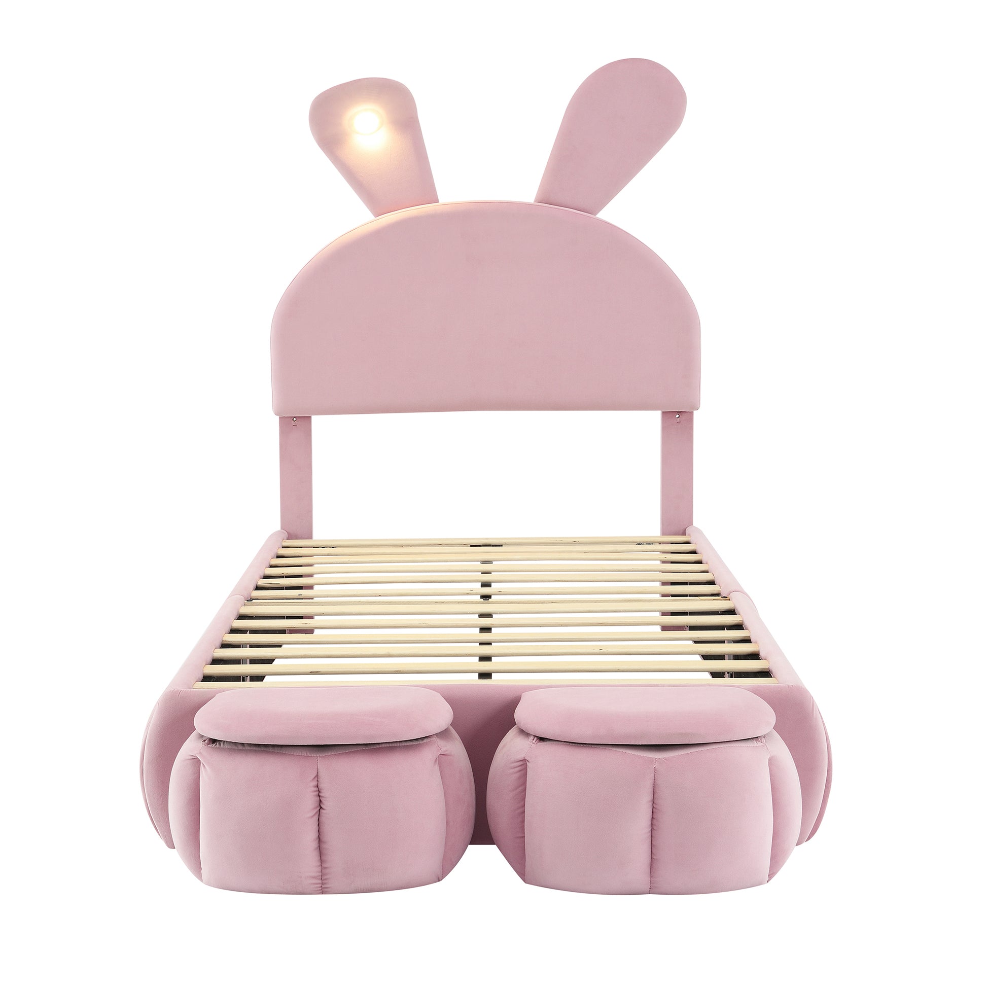 Pink velvet bunny twin bed frame with integrated LED lighting