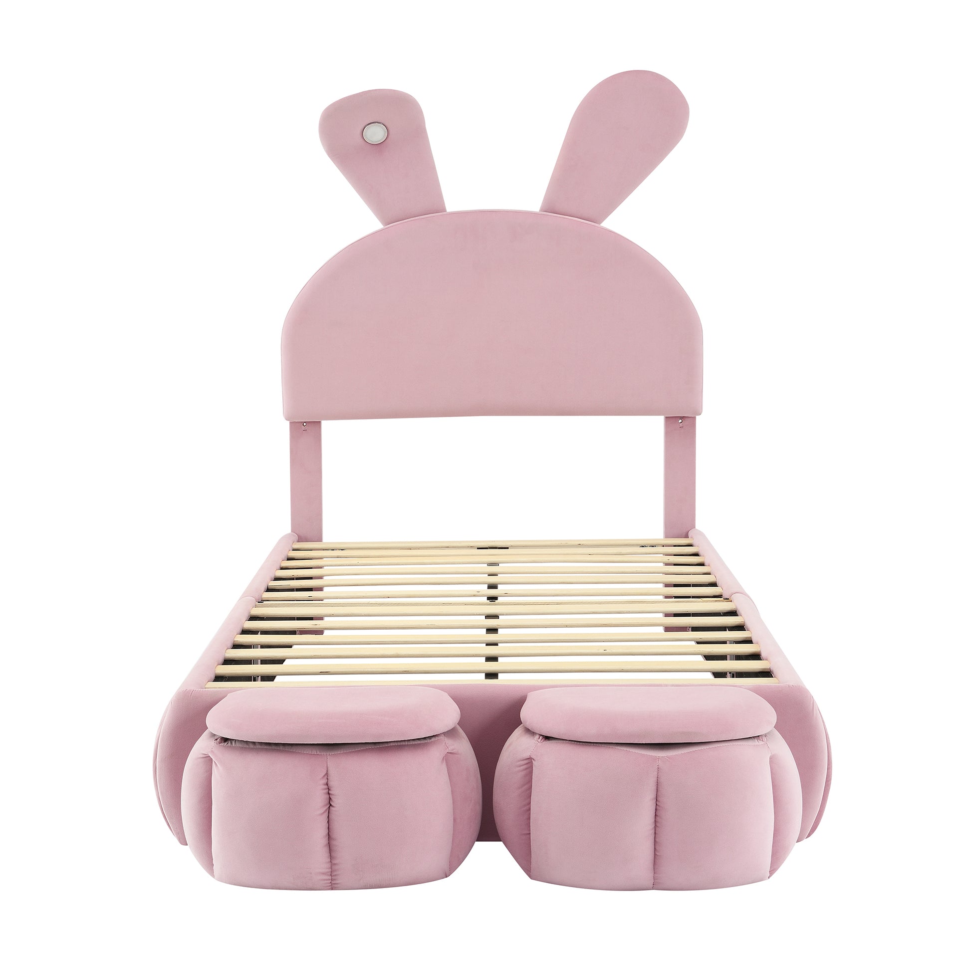 Pink velvet bunny bed frame with two attached footstool ottomans