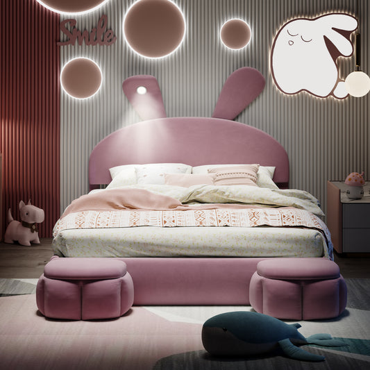 Pink velvet rabbitshaped bed frame with patterned bedding