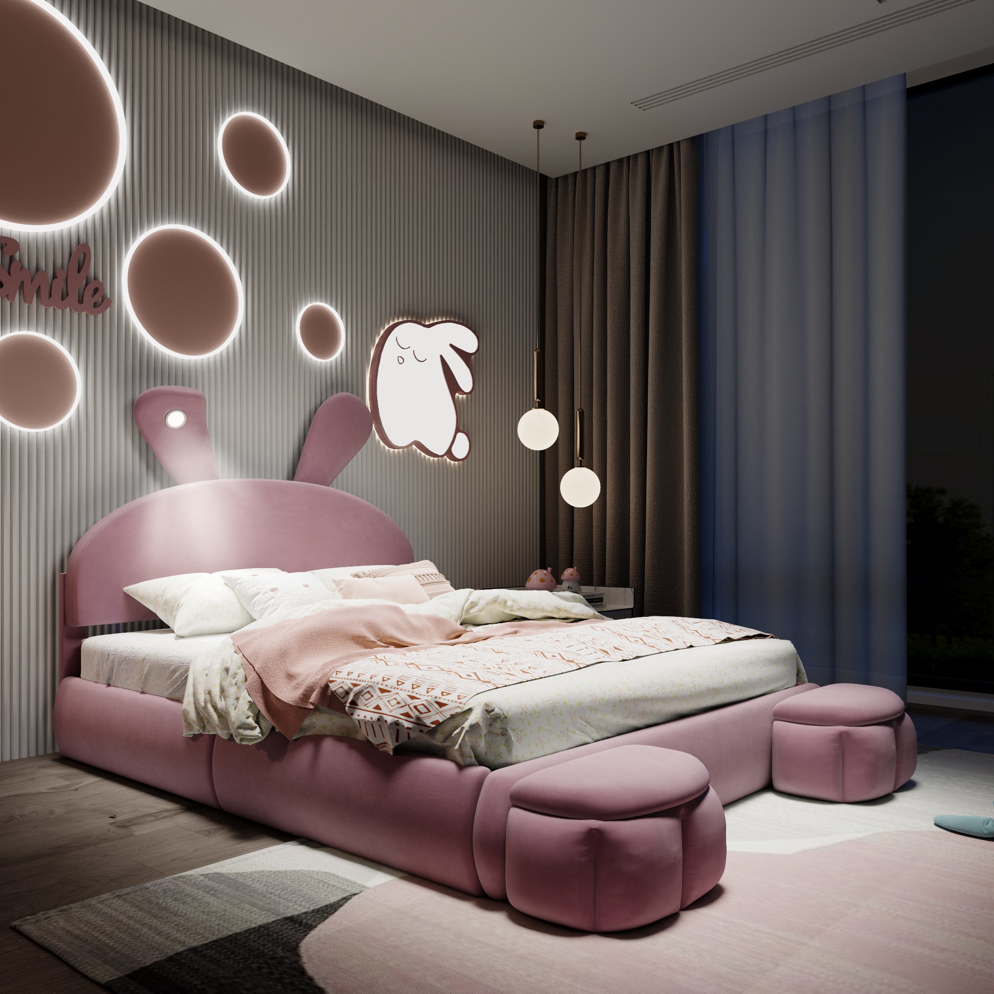 Pink velvet bunny bed with decorative wall lights