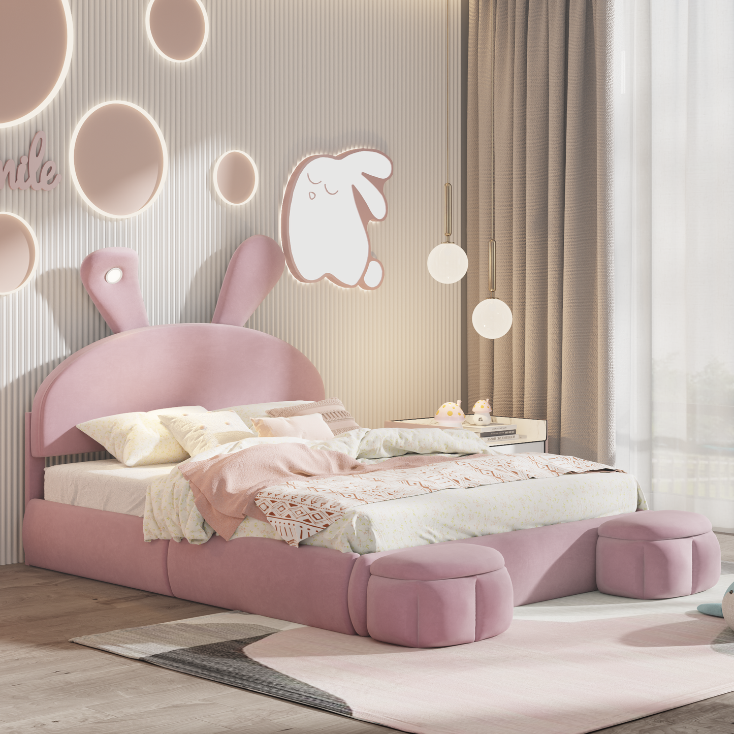 Pink velvet rabbit bed for kids with storage ottomans and playful wall decor
