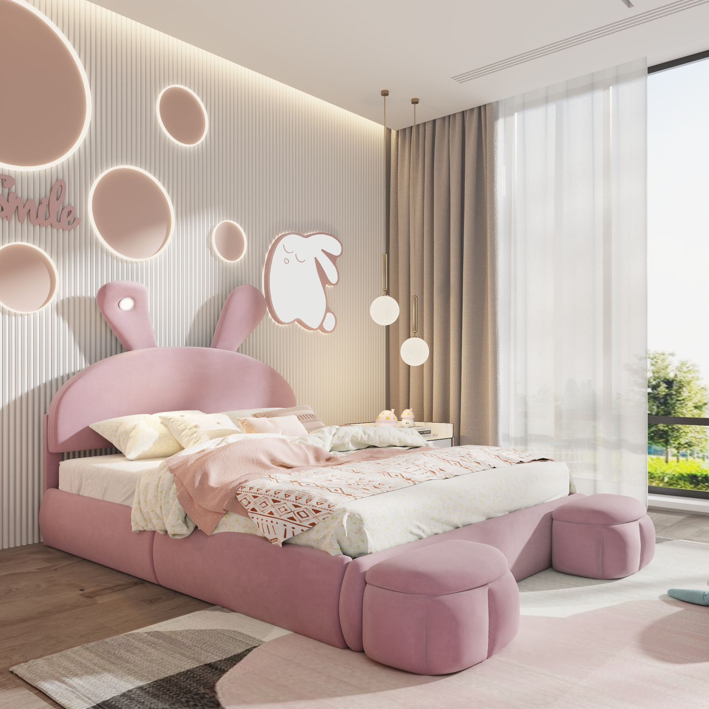 Pink velvet upholstered kids bed with bunny ears and matching ottomans