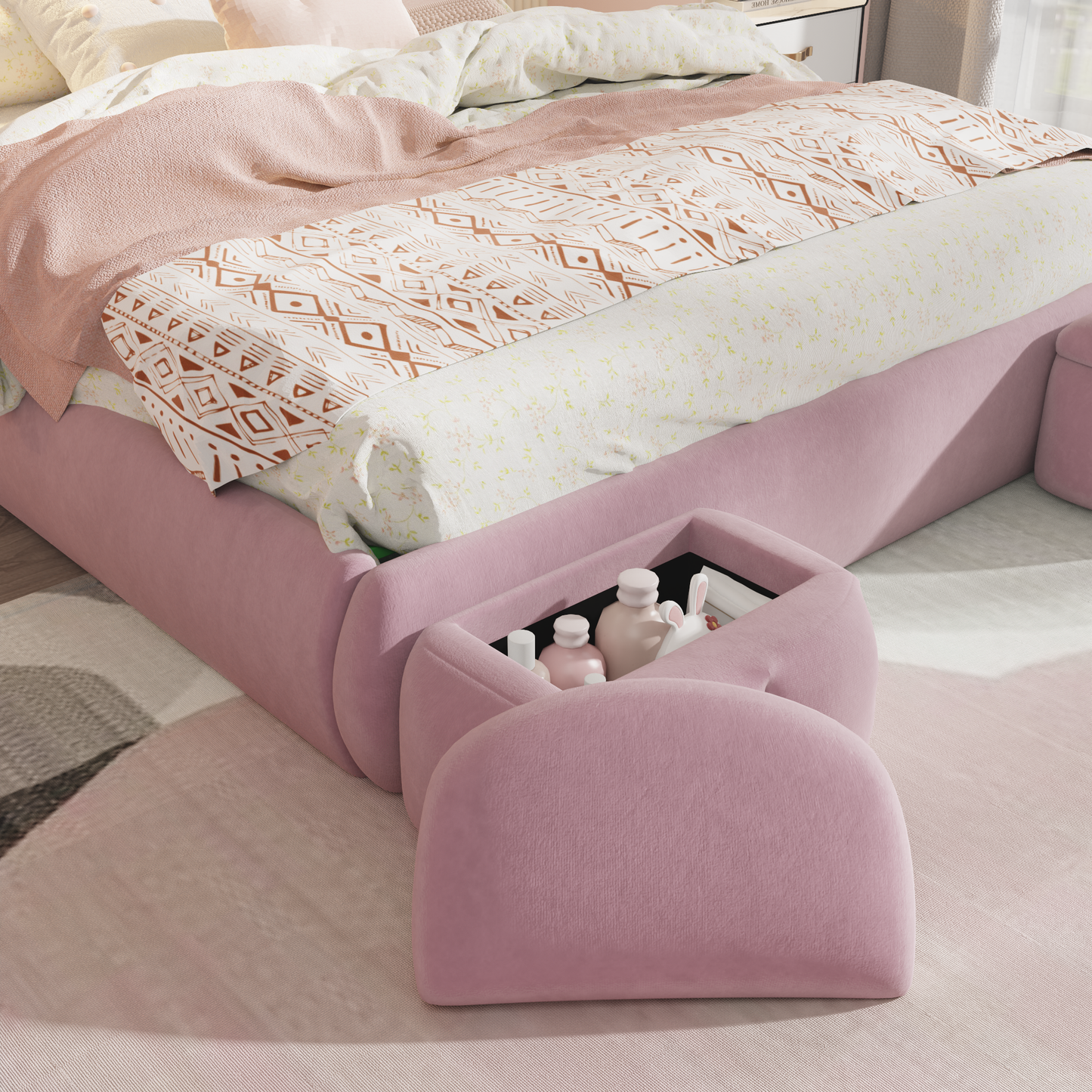 Pink velvet tufted bed frame with hidden storage compartment