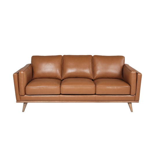 Luxurious tan leather sofa with plush cushions and a modern wood frame perfect for living room comfort