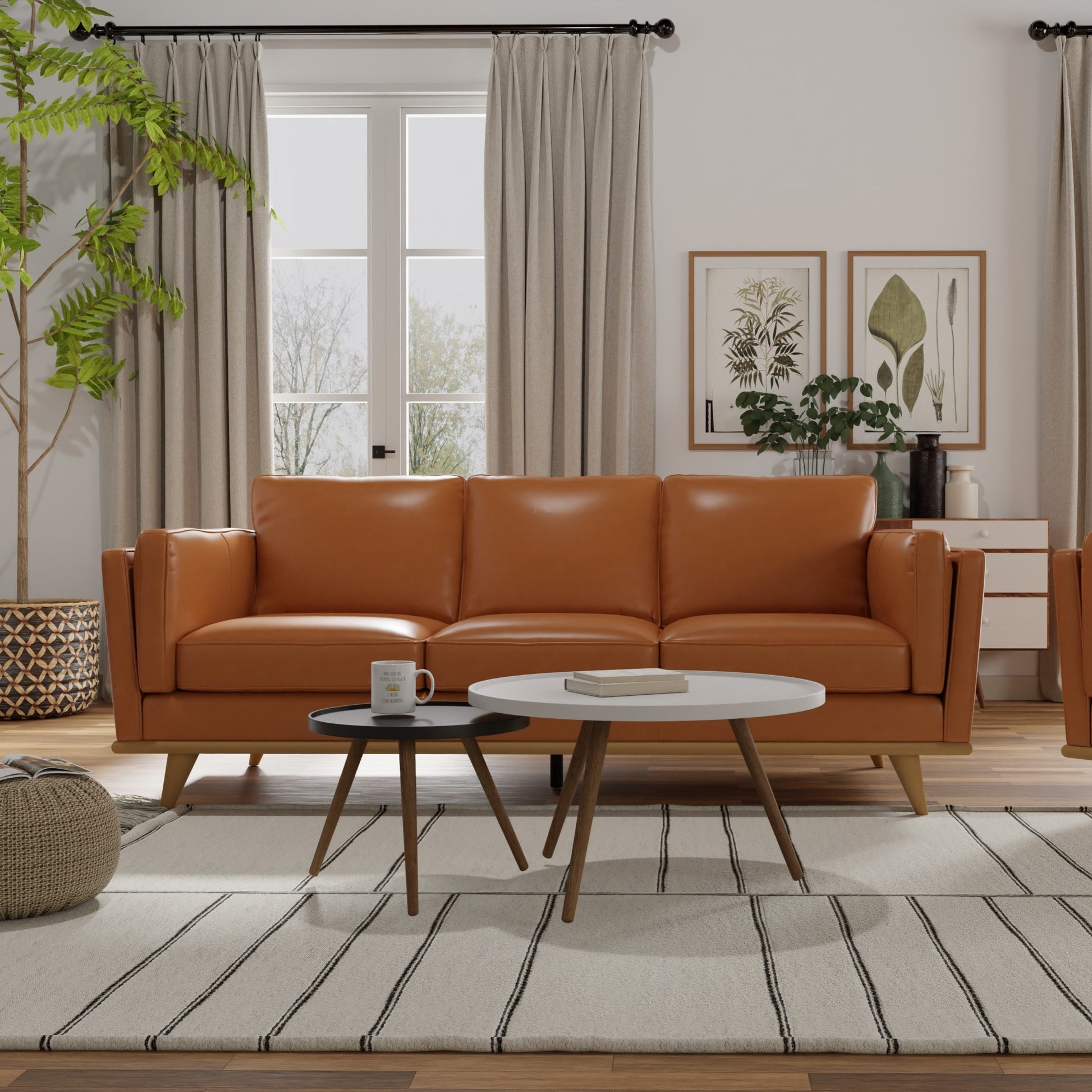 Luxurious caramel leather threeseater sofa with wooden legs