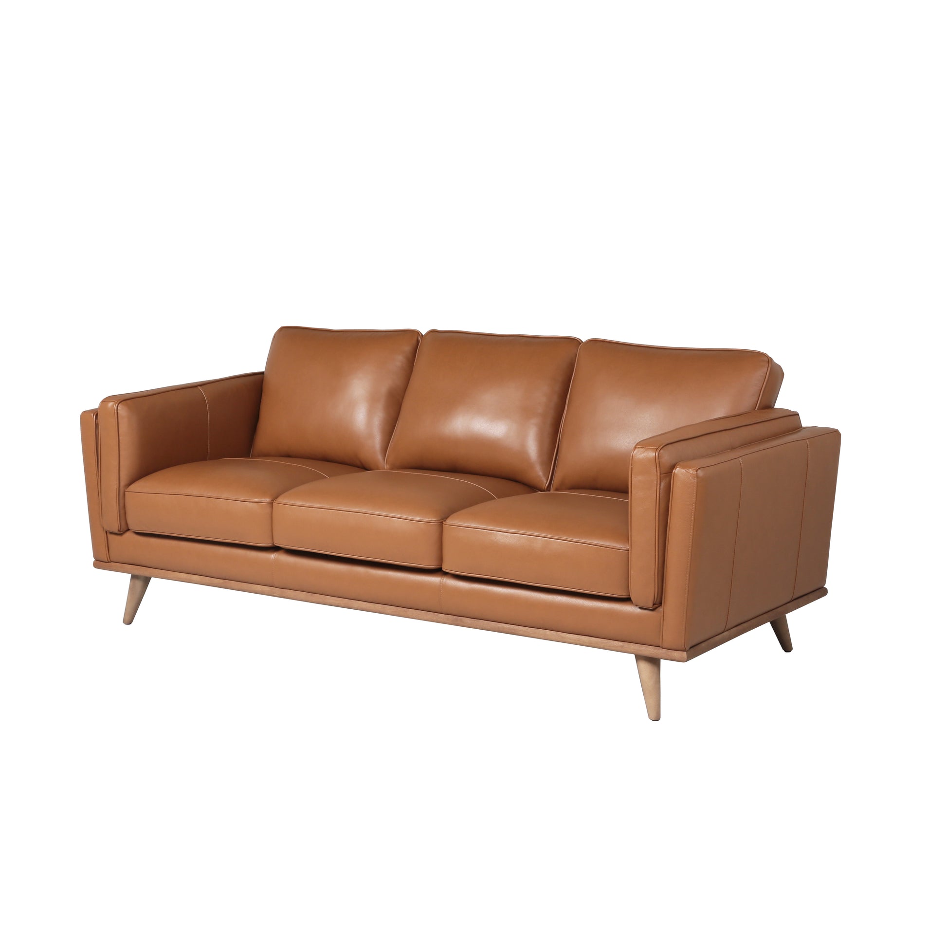 Tan leather threeseater sofa with wooden legs and modern design