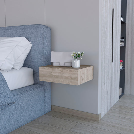 Floating wooden bedside table with clean lines perfect for modern bedrooms