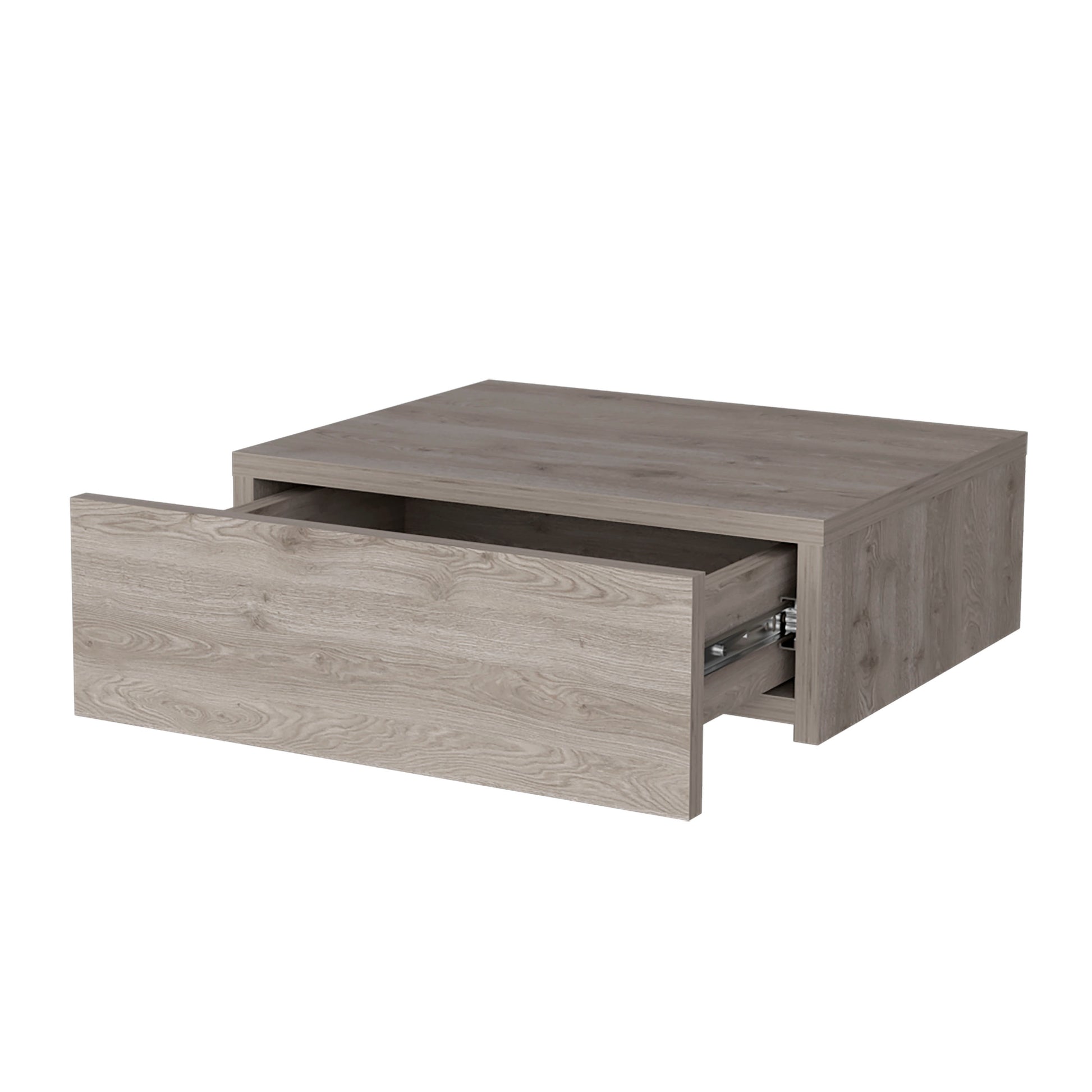 Grey wood grain floating nightstand with one open drawer showing metal glides