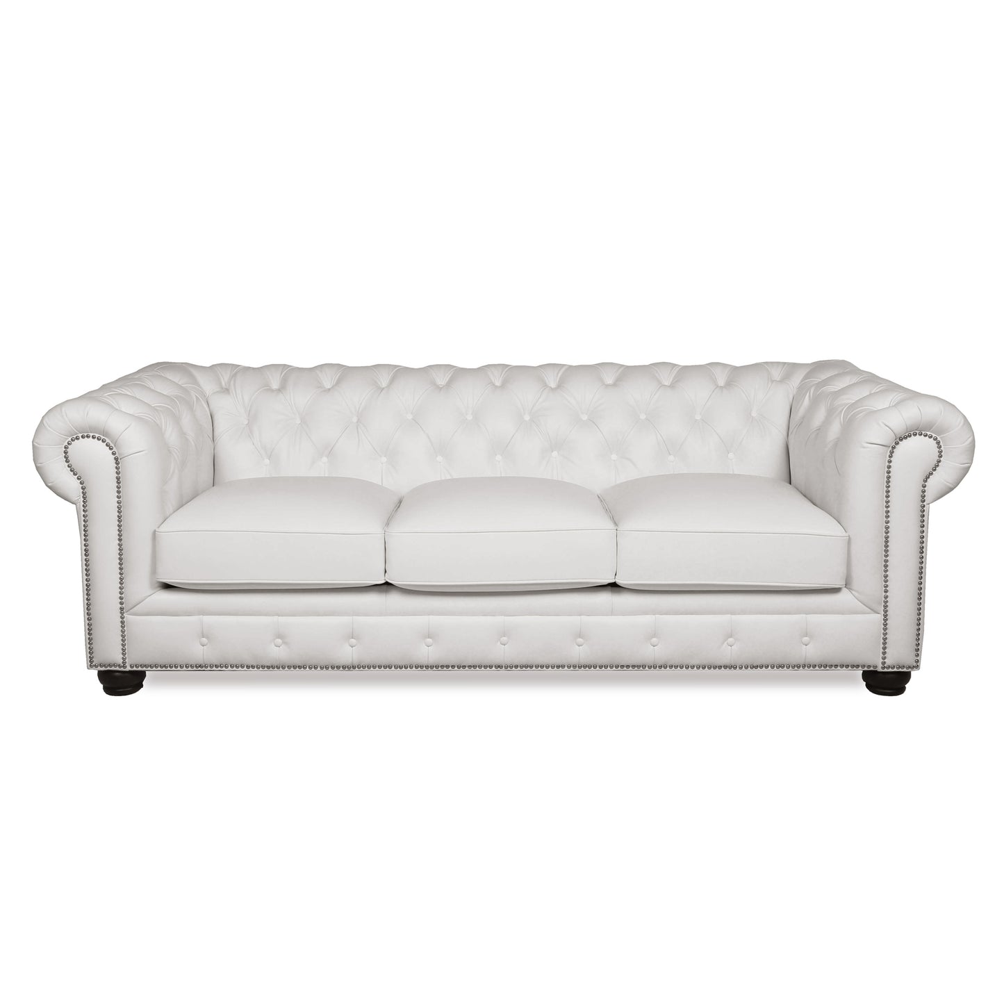 White leather tufted chesterfield sofa with silver nailhead trim