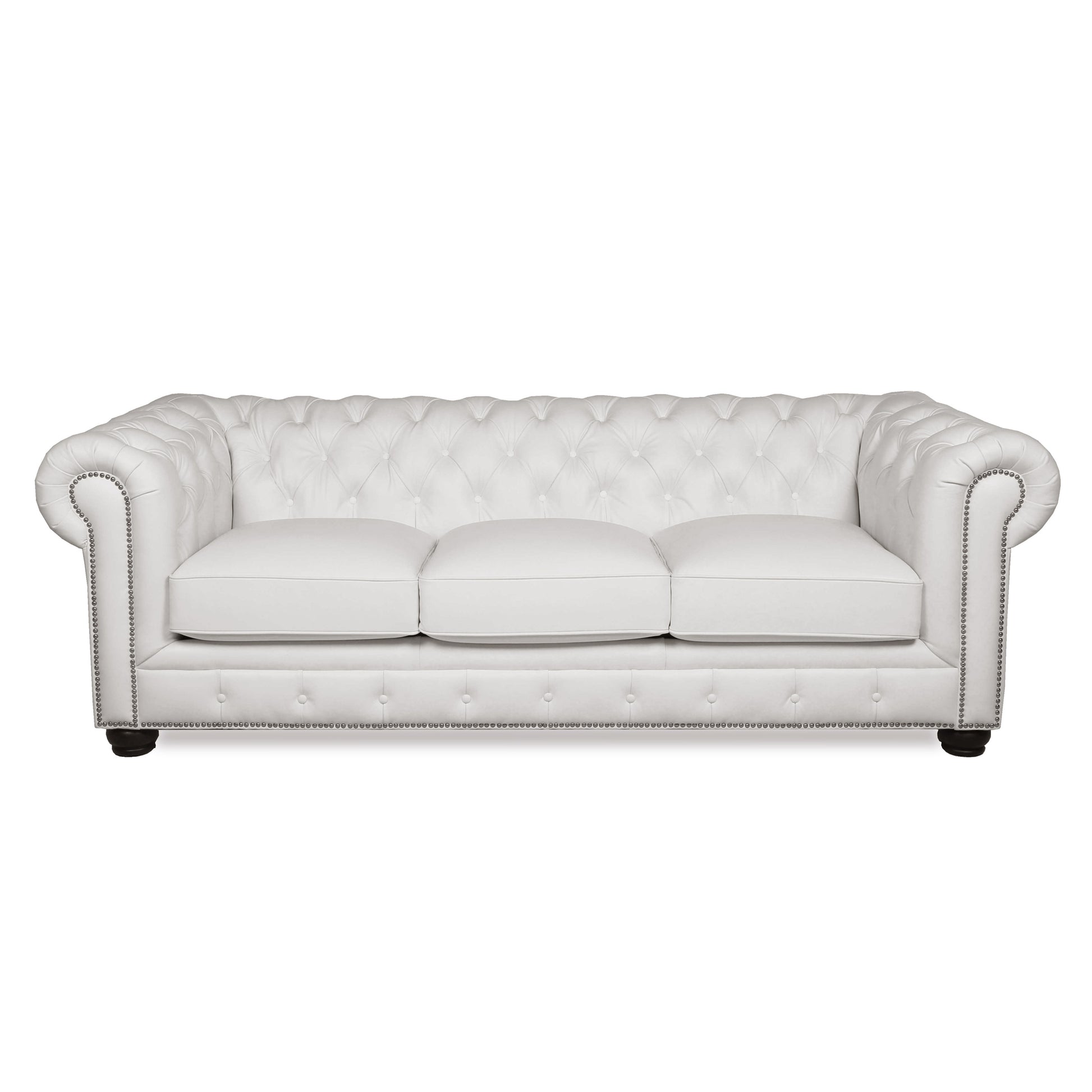 White leather tufted chesterfield sofa with silver nailhead trim
