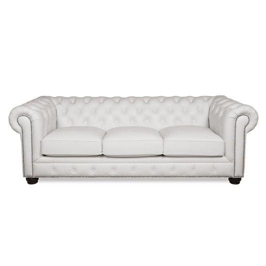 White leather tufted chesterfield sofa with silver nailhead trim
