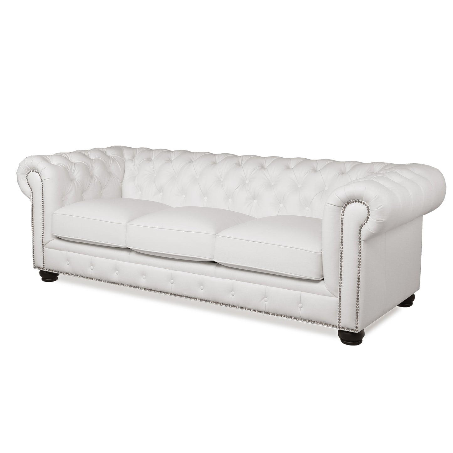 White leather tufted chesterfield sofa with silver nailhead trim