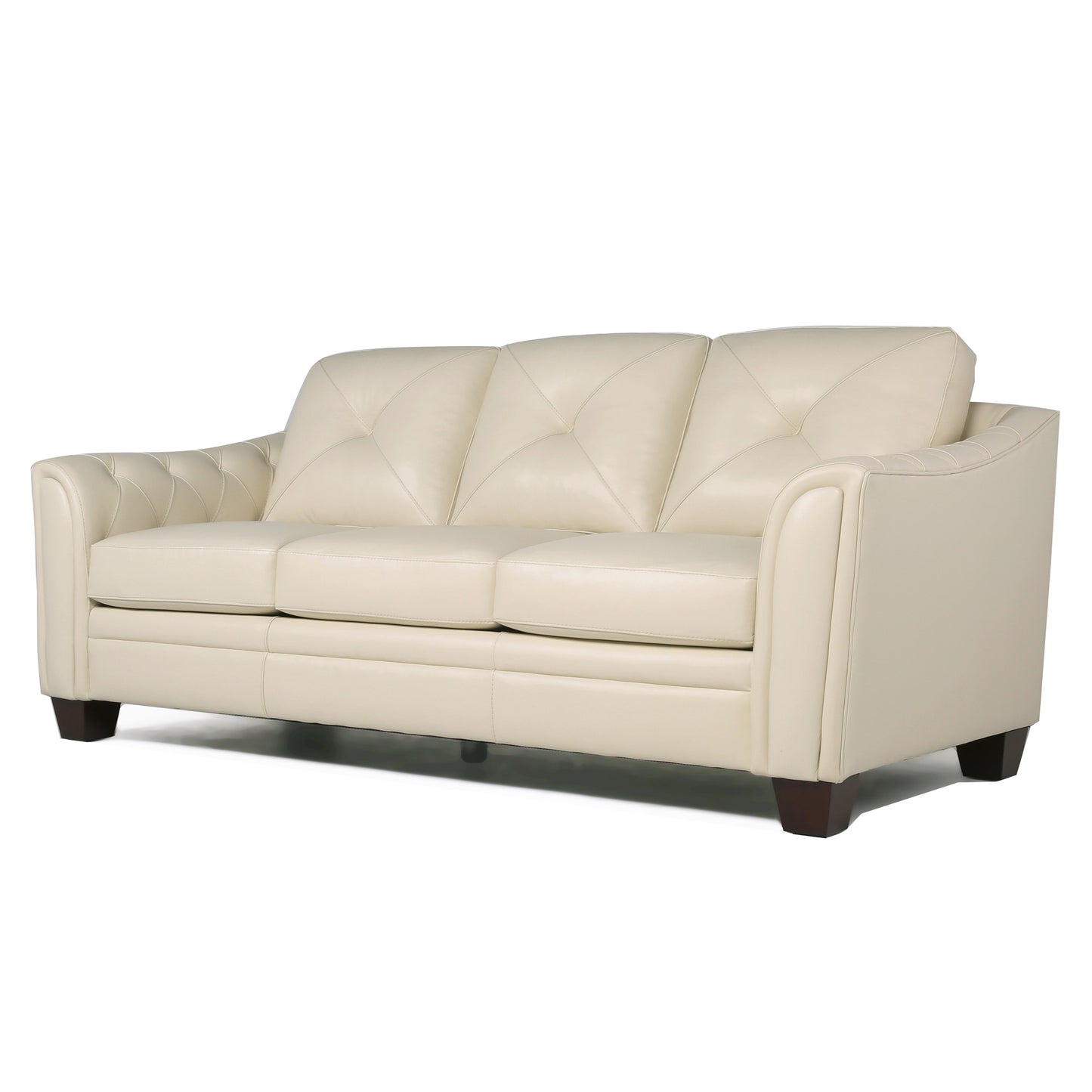 Elegant cream leather sofa with tufted diamondpatterned back cushions and a plush seat